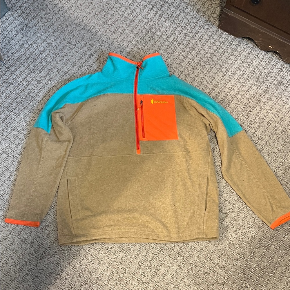 Cotopaxi Tan and Aqua Zip-Up Sweater